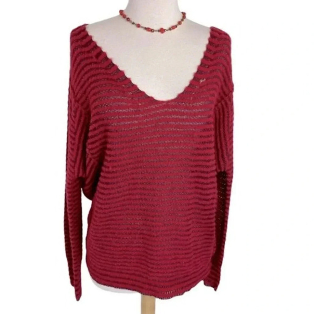 Free People S Red/maroon‎ striped V-neck sweater boho grunge